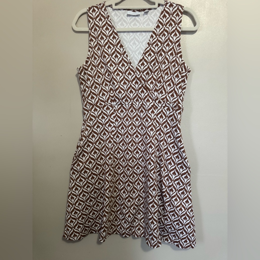 New York & Company Brown and White Diamond Pattern Midi Dress